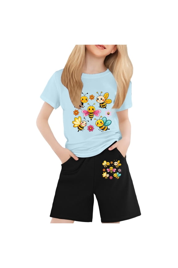 Toddler Girls Clothes Set Cartoon Bee Graphic Short Sleeve T Shirts Shorts Outfits for Kids, Sizes 10-11 Years