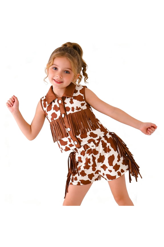 Toddler Girls Western Cowboy Clothes Set Graphic Sleeveless Tassel Vest Shorts Stage Performance Set for Kids, Sizes 2-3 Years