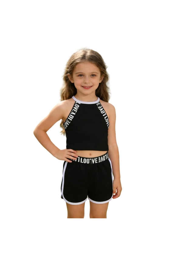 Toddler Girls Workout Clothes Set Letter Graphic Sleeveless Gym T Shirts Shorts Athletic Outfits for Kids, Sizes 6-7 Years