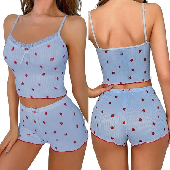 CONROSES Womens 2 Peice Pajama Sets Casual Strawberry Graphic Sleeveless Camisole Tops Shorts Loungewear Sets Cozy Nightwear Sleepwear