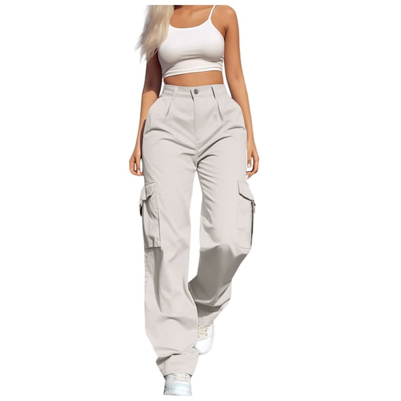 CONROSES Womens Baggy Cargo Pants Solid Y2K Hiking Pants for Women Wide Leg Elastic Waist Drawstring Outdoor Jogger Trousers With Pockets