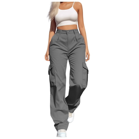 CONROSES Womens Baggy Cargo Pants Solid Y2K Hiking Pants for Women Wide Leg Elastic Waist Drawstring Outdoor Jogger Trousers With Pockets
