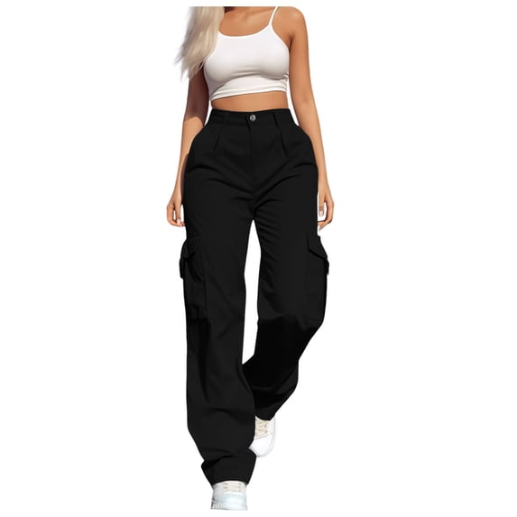 CONROSES Womens Baggy Cargo Pants Solid Y2K Hiking Pants for Women Wide Leg Elastic Waist Drawstring Outdoor Jogger Trousers With Pockets