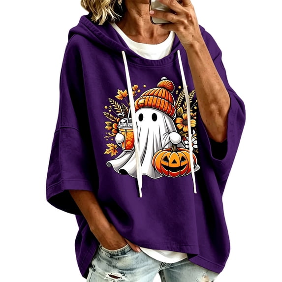 CONROSES Womens Halloween Hoodies 3/4 Sleeve Hoodie for Women Trendy Hallowmas Ghost Graphic Baggy Fall Winter Hooded Sweatshirts