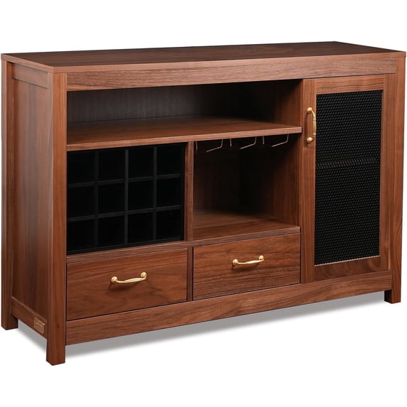 CONSDAN Bar Cabinet with Storage and Large Drawer, Solid Walnut Hardwood Structure Sideboard, Buffet Cabinet with Wine and Glass Rack, Coffee Bar for Living Room, Kitchen, Hallway