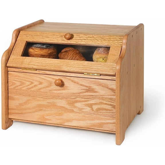 CONSDAN Bread Box, Solid Wood Oak Bread Box with Clear Window, Double Layer Bread Box for Bread Storage, Large Capacity Breadbox for Kitchen Countertop, Natural Oak