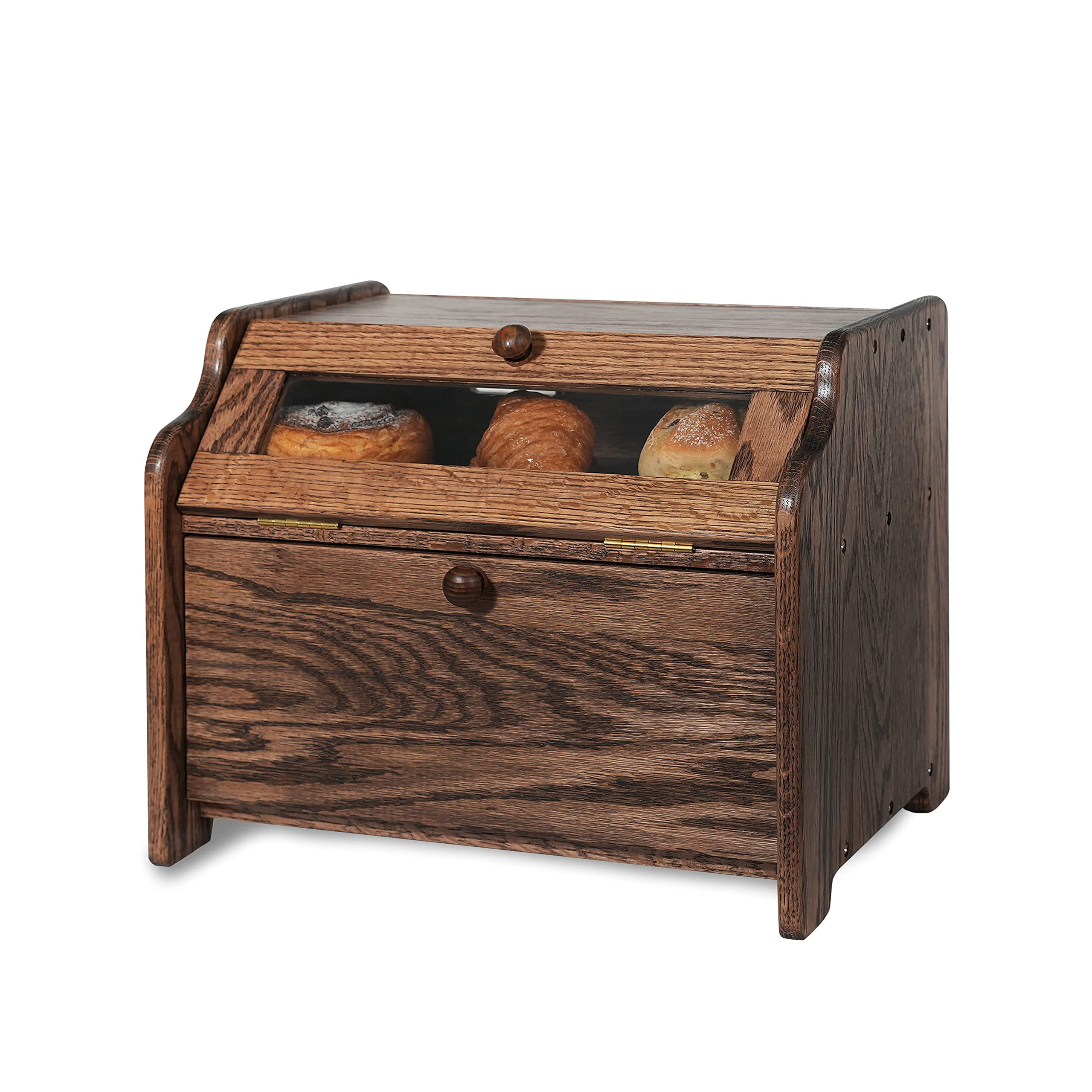 Chocolate Double Layer Solid Oak Bread Box with Clear Window