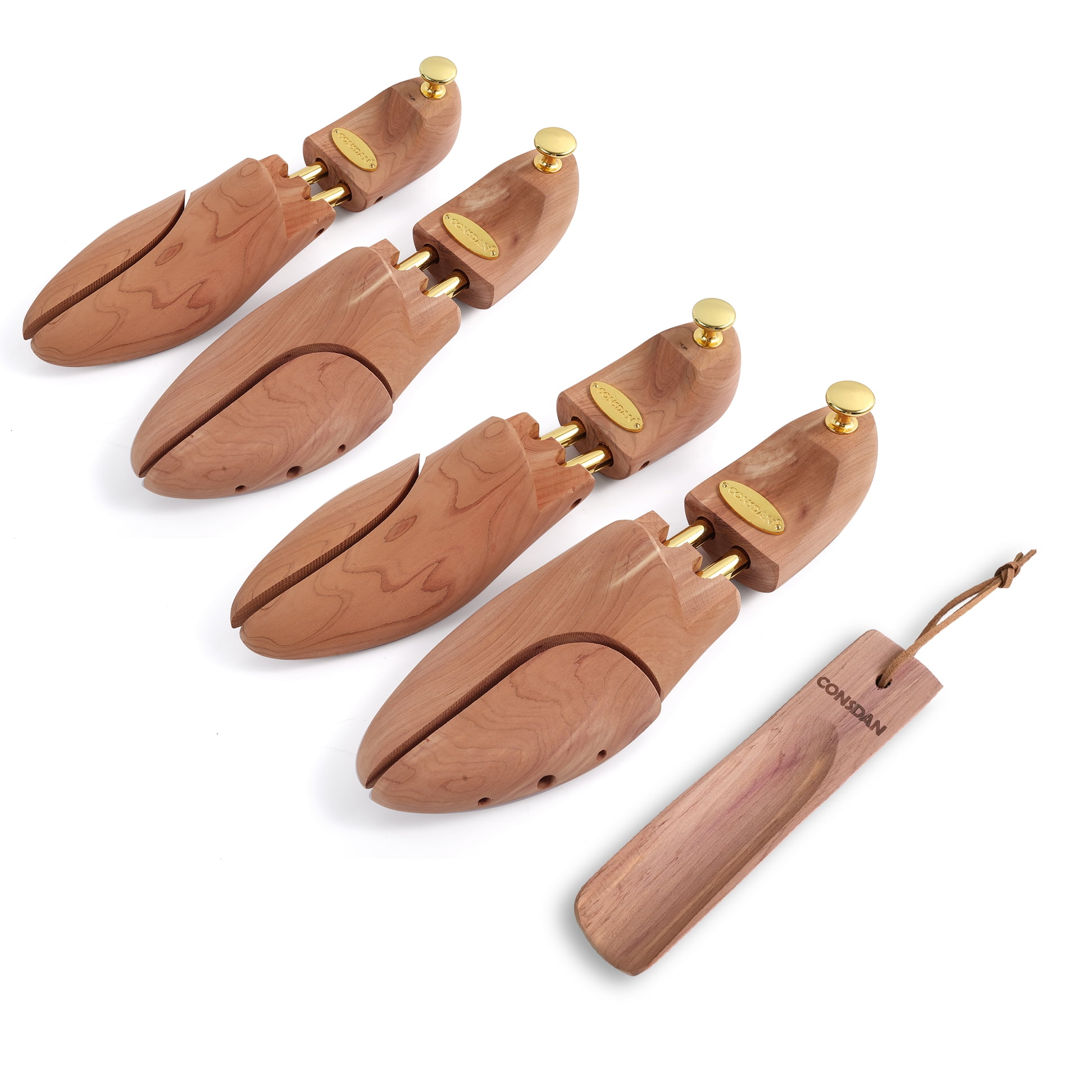 CONSDAN Cedar Shoe Trees For Men Women USA Grown Cedar Wood Adjustable Wood Shoe Tree Crease Protector with a Shoe Horn Small 2 Pairs