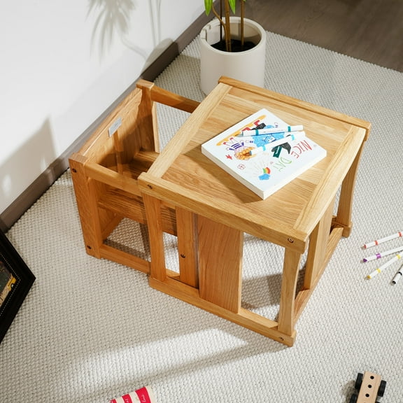 CONSDAN Cubic Kids Chair & Table Set,Saving Space, 3-In-1 Cube Chair, Small Stool, Step Stool, Foot Stools, Natural Oak