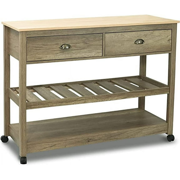 CONSDAN Kitchen Island, Kitchen Cart with Storage, Kitchen Island on Wheels, Kitchen Storage Islands & Carts, Two-Tier Open Shelf Kitchen Island-Natural