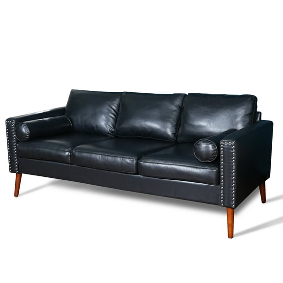 CONSDAN Leather Couch, 77-1/4" Sofa with Soft High-Resilience Cushion, Leather Sofa Couch with Solid Wood Feet, Black Sofa with Nailhead Trim, Office