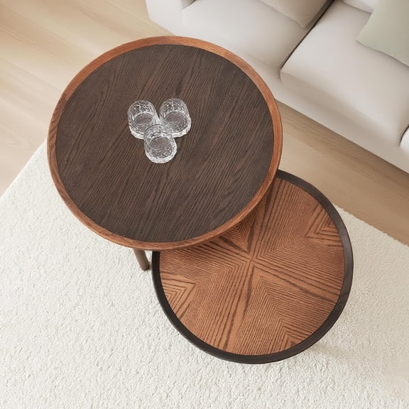 CONSDAN Nesting Table, Wood Coffee Table Set, Side Table Set with Solid Oak Hardwood Structure for Living Room, Bedroom, Balcony