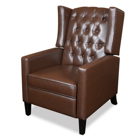 CONSDAN Recliner Chair, Leather Recliner Sofa with Soft High-Resilience Cushion, Home Theater Sofa Chair with Solid Wood Feet, Living Room Chair with Button Tufting and Nailhead Trim, Brown