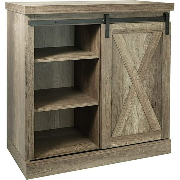 CONSDAN Storage Cabinet, Kitchen Pantry Cabinet, Modern Buffet Cabinet, Sideboard Storage Cabinet, Sliding Slat Door,3-Tier Organizer with Barn Door
