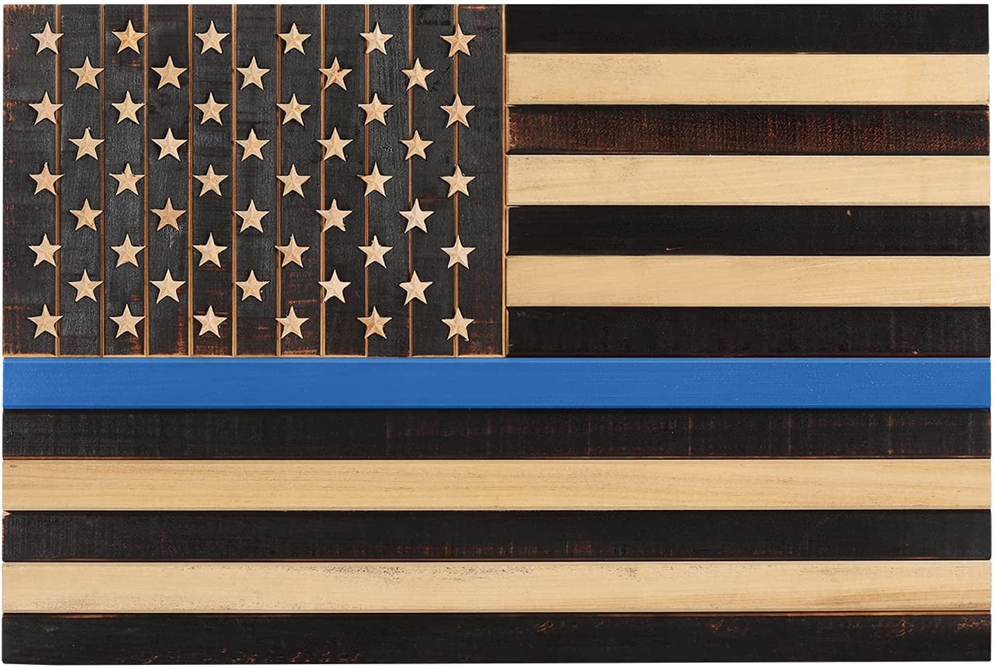 CONSDAN Wooden American Flag Wall Decor, Handcrafted Wall Art, USA Grown Hardwood, Rustic Wood Wall Flags, American Flag Wall Art, American Flag Decor | Thin Blue Line, 37"x19.5"