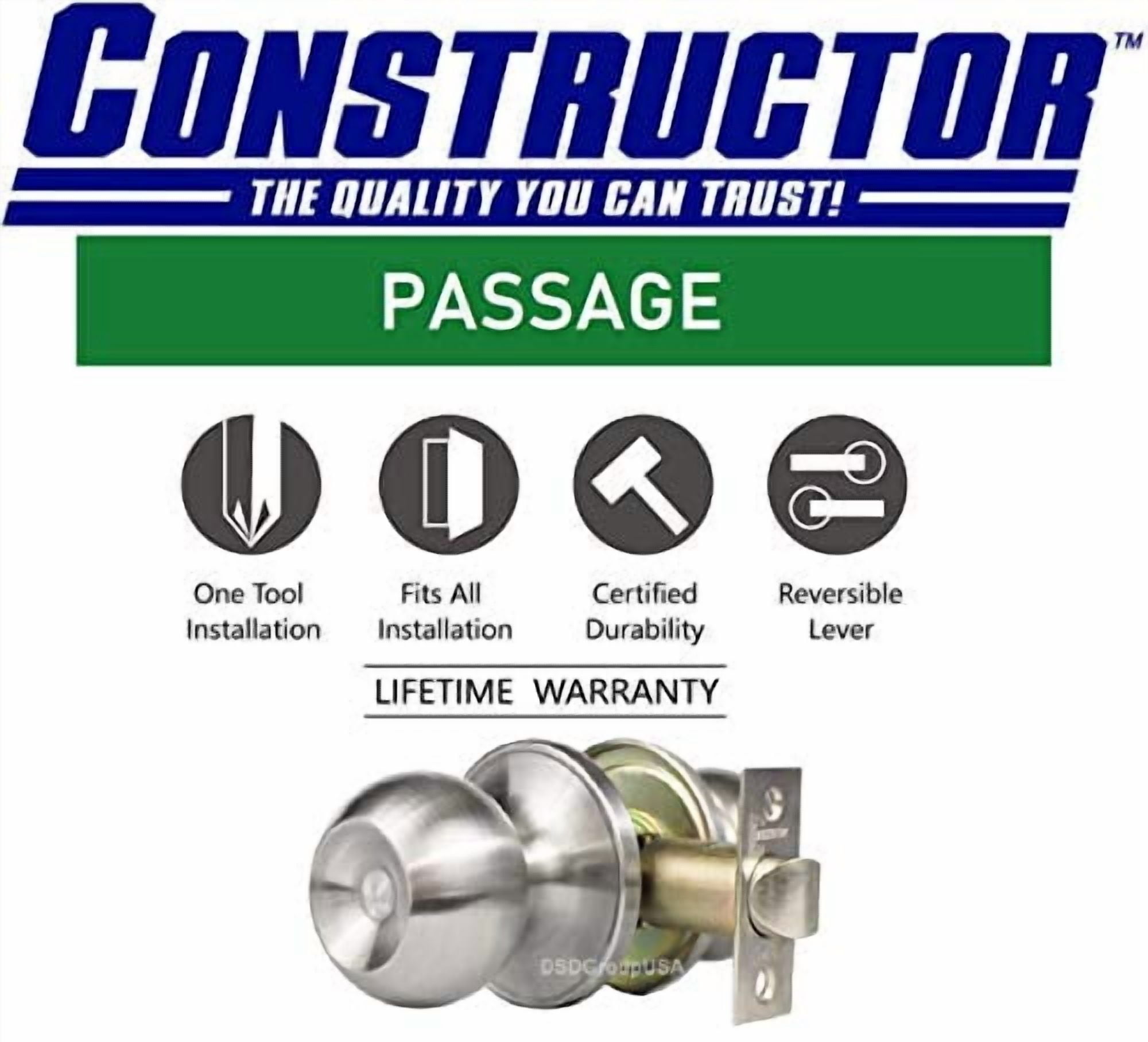 CONSTRUCTOR Chronos Passage Door Knob, Non-Keyed Lock Handle Set for Closets or Non Private Rooms, Satin Nickel