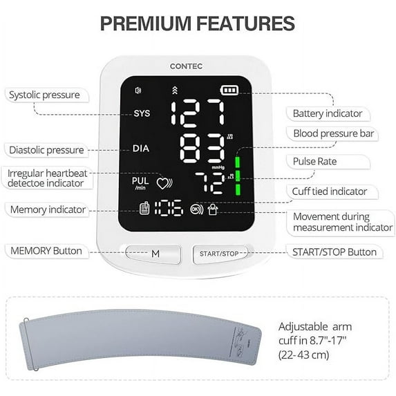CONTEC08E Blood Pressure Monitor-Adjustable Cuff Kit & Automatic Upper Arm Machine Screen Display,Adult largest cuff(8-17 in)