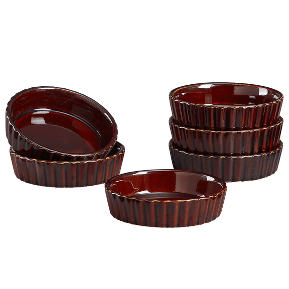 CONTENPO 6pcs Ramekins, 4 Oz - Oven Safe Shallow Ramekins With Brown Rim For Creme Brulee, Fluted, For Baking, Desserts, Dips & Side Dishes.