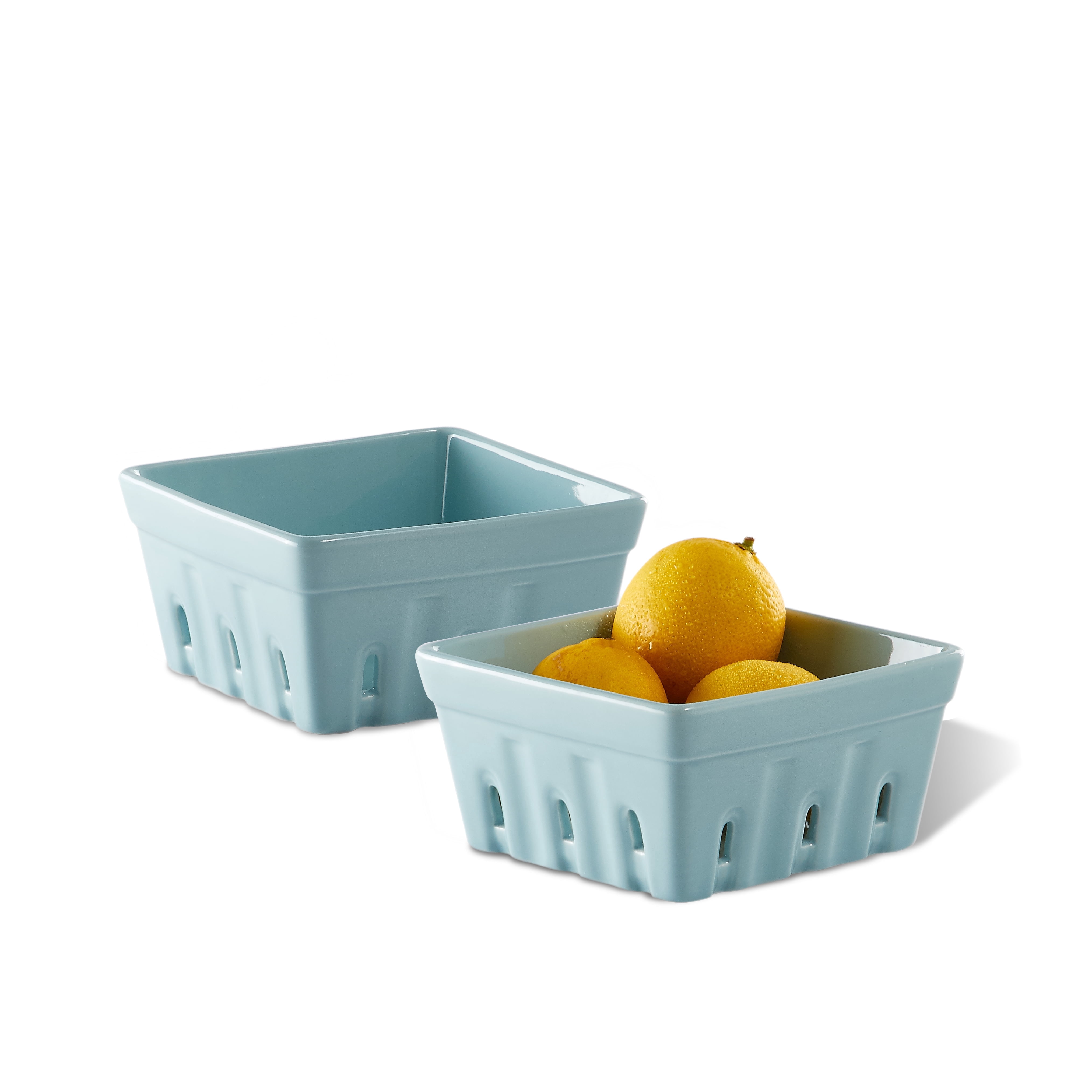 CONTENPO Ceramic Berry Basket Square Fruit Bowls with Holes Berry Bowl Colander Fruit Basket for Kitchen Décor - 5.9" Berry Containers for Fridge, Set of 2, Blue