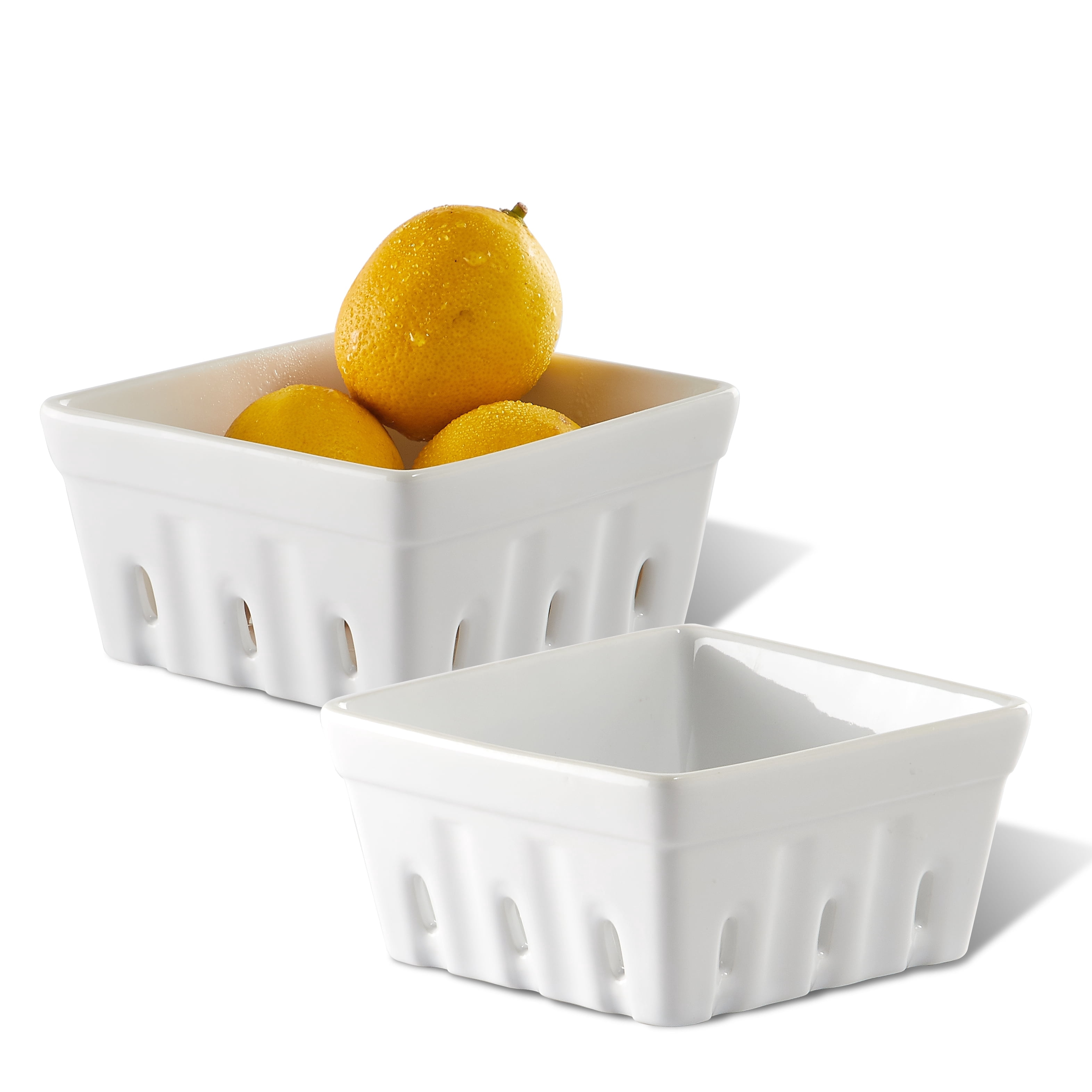 CONTENPO Ceramic Berry Basket Square Fruit Bowls with Holes Berry Bowl Colander Fruit Basket for Kitchen Décor - 5.9" Berry Containers for Fridge, Set of 2, White