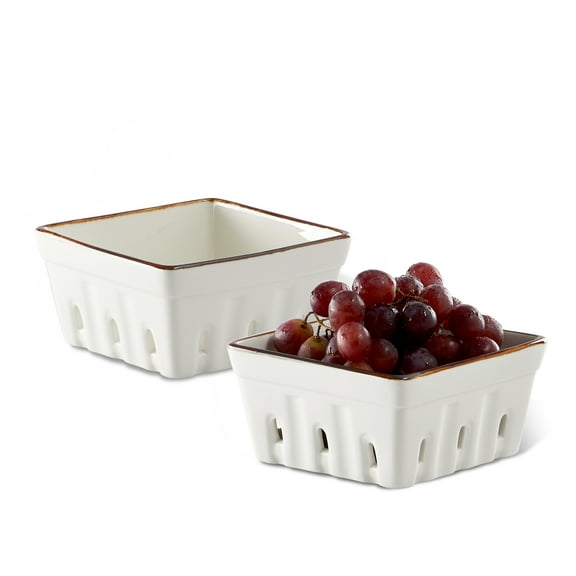CONTENPO Ceramic Berry Basket with Holes, Berry Bowl Colander Fruit Basket for Kitchen Dcor - 5.9" Berry Containers for Fridge, Cream White (2 PCS)