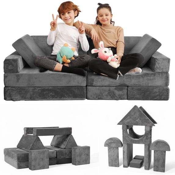 CONTOUR COMFORT Kids Couch Modern Soft Foam Low Back Storage Modular Couch with 14 Piece, Grey