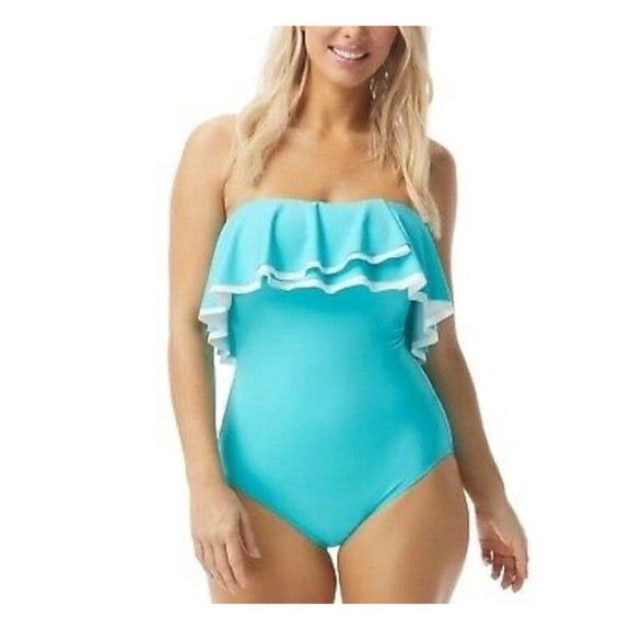 CONTOURS Women's Aqua Stretch Bandeau Neckline Ruffled Lined Convertible Moderate Coverage One Piece Swimsuit 14 38C