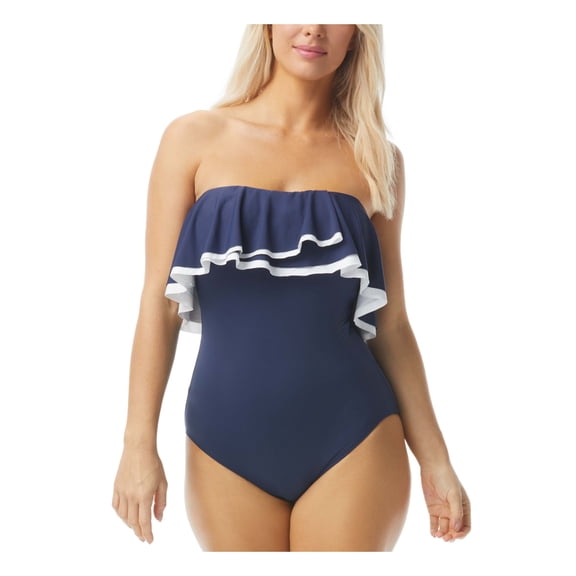 CONTOURS Women's Navy Stretch Tummy Control Removable Straps Ruffled Moderate Coverage Molded Cup One Piece Swimsuit 12 36C