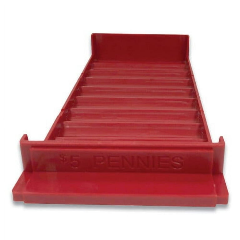 Stackable Plastic Coin Tray, Pennies, 10 Compartments, Denomination and Capacity Etched On Side, Stackable, 10 x 5, Red Stackable Plastic Coin Tray, Pennies, 10 Compartments, Denomination and Capacity Etched On Side, Stackable, 10 x 5, Red