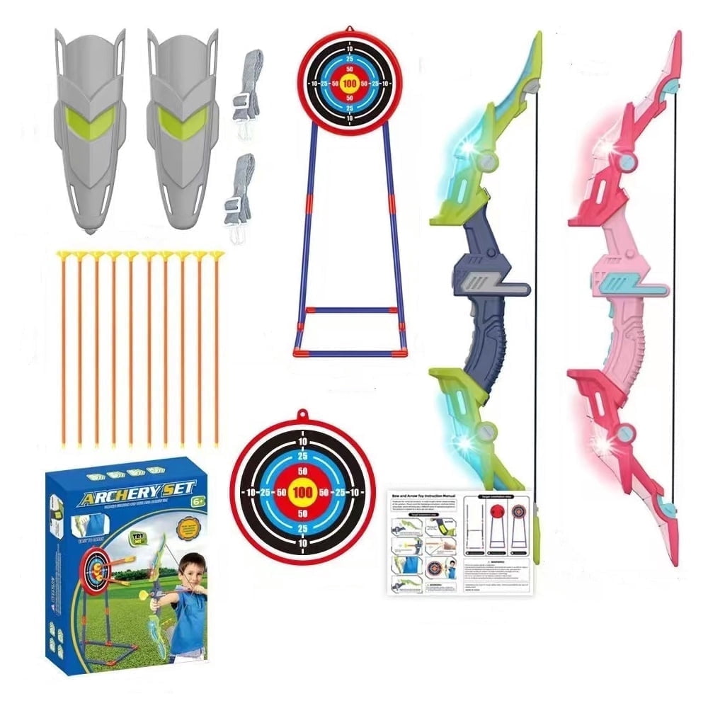 2 Pack Kids Bow and Arrows Set with LED Lights Included 10 Suction Cup Arrows and Standing Target-Sport Toys Gifts for Boys and Girls Ages 6-12