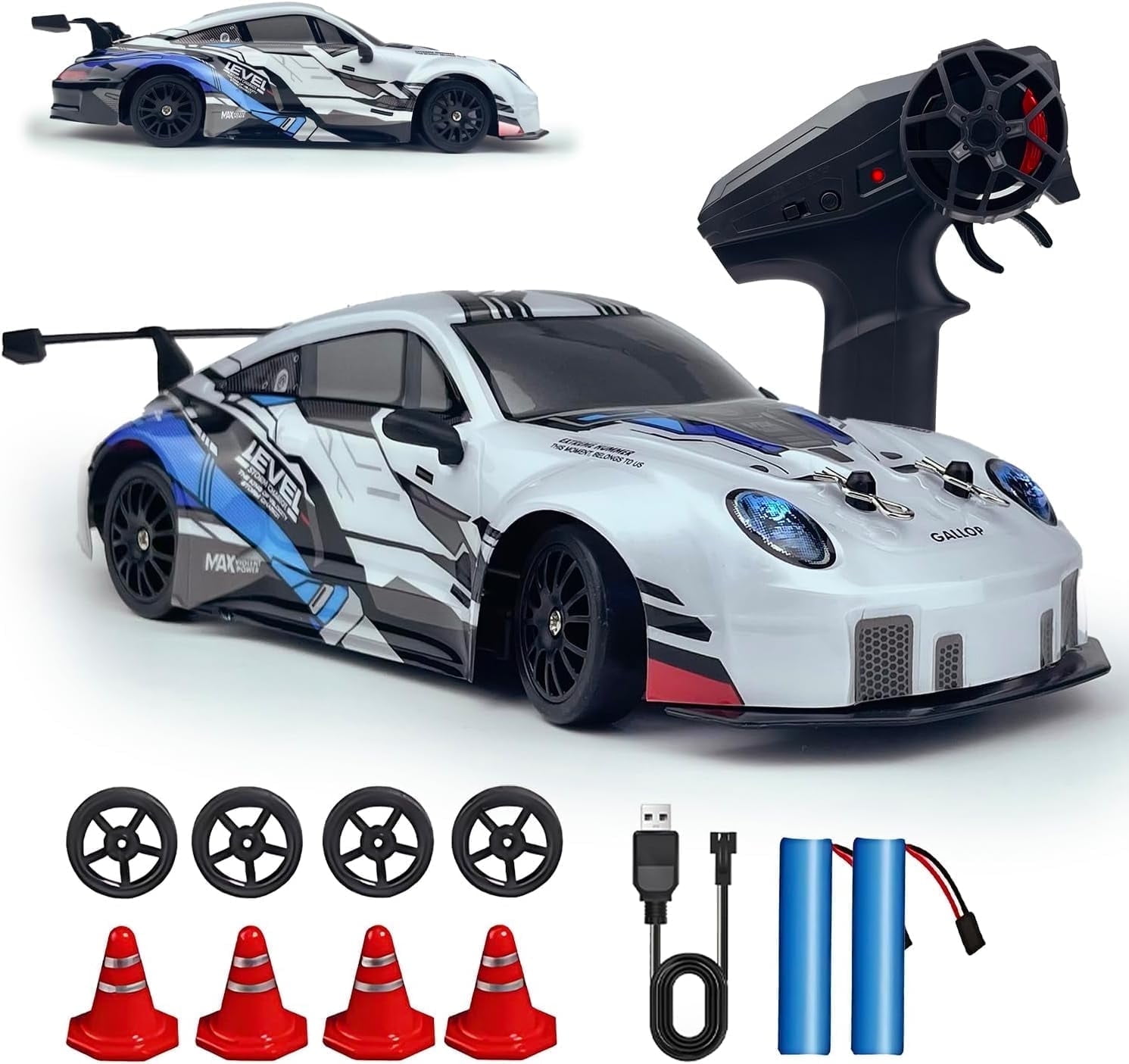 RC Car 2.4GHz 1:24 Scale 4WD High Speed Drift Car with LED Lights , 2 Batteries