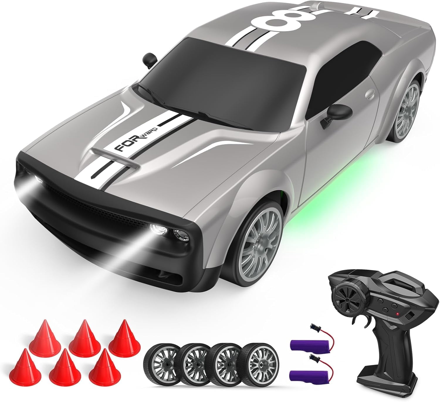 RC Drift Car 2.4GHz 1:20 Scale 4WD 20KM/H High Speed Drifting Tire, LED Lights, 2 Rechargeable Batteries