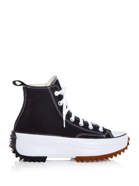 Womens Black Logo 1-1/2" Platform Cushioned Treaded Run Star Hike Round Toe Wedge Lace-Up Leather Athletic Sneakers 4.5