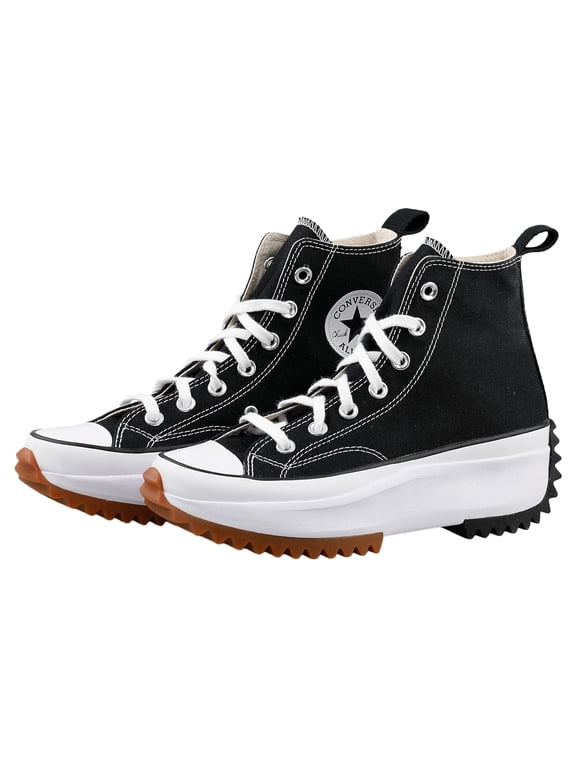 Womens Black Logo 1-1/2" Platform Cushioned Treaded Run Star Hike Wedge Lace-Up Athletic Sneakers 5.5