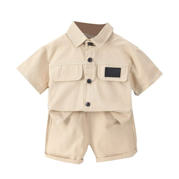 CONYUMN 2 Piece Outfits Boys Short Sleeve Button Shirt Two Piece Set Kids Lapel Pocket Work Shirt and Shorts Set Clothes for Kids (Khaki,80)