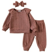 CONYUMN Babies and Girls Clear Color Flying Sleeve Long Sleeve Top + Trousers + Headwear Three Suit (Pink,24M)