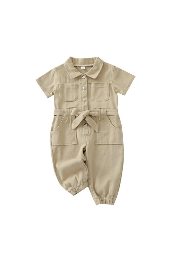 Baby Dresses 3-6 Months Toddler Girls Short Sleeve Solid Color Jeans Jumpsuit Fashion Outwear for Children Clothes Baby Rompers 12-18 Month Girl Clothes Newborn Girl (Khaki,100)