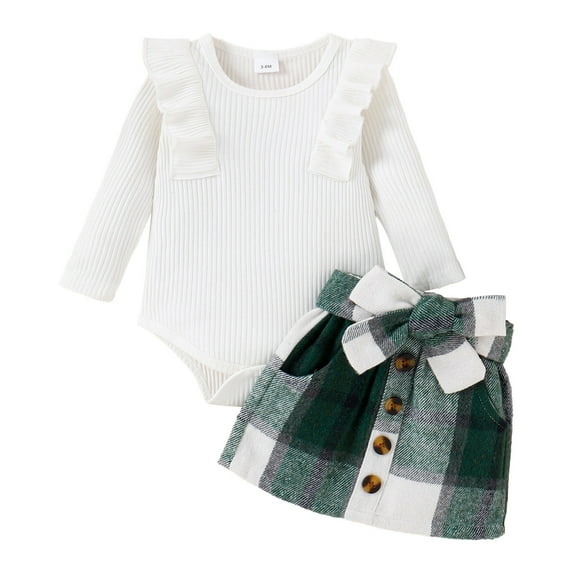 CONYUMN Birthday Girl Outfit Newborn Infant Girls Ruffles Long Sleeve Solid Ribbed Romper Plaid Prints Bow Tie Skirt Outfits School Clothes Cat Dress Girls Skirts Size 7-8 (Green,12M)