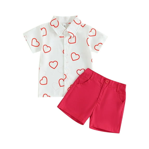 CONYUMN Boys Girls Valentine's Day Heart Print Tee and Shorts Set Toddler Boys Lapel Heart Print Button Down Shirt Solid Color with Pockets Shorts Boy Summer Outfit (White,100)