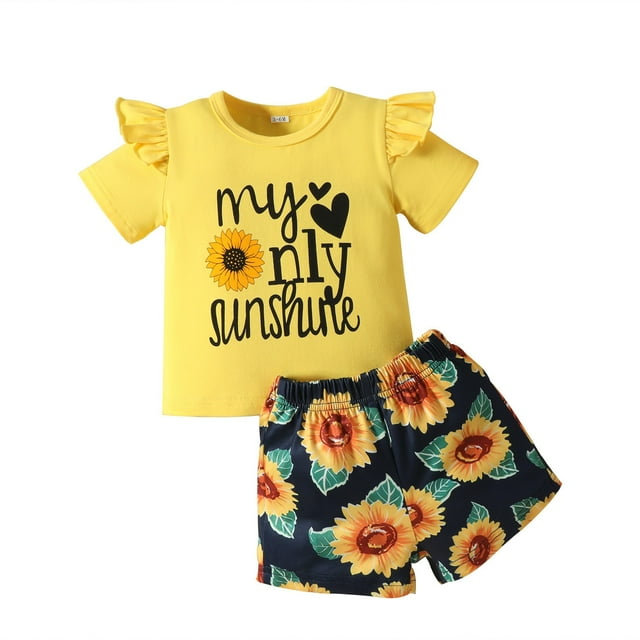 CONYUMN Girl's Beautiful Yellow Sunflowers and Letters Print 2Pc Suit