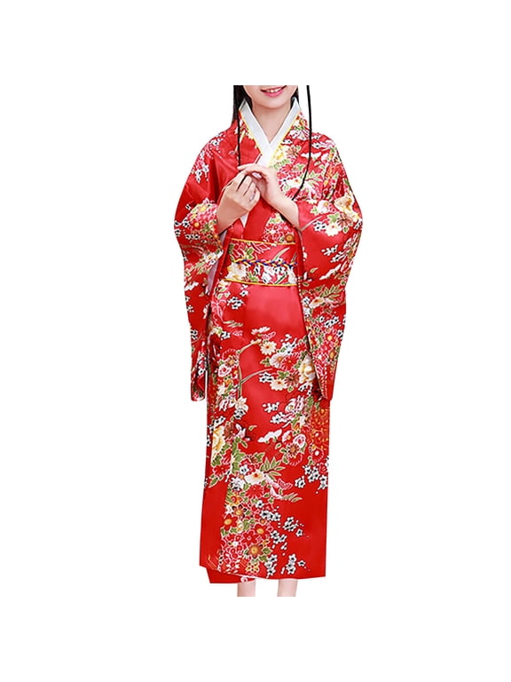 Japanese Traditional Dress Kimono Robe For Kids Girls Yukata Kimono Robe Girls Sakura Kimono Dress Japanese Costume For Kids (Red,130)