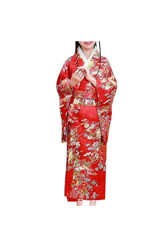 Japanese Traditional Dress Kimono Robe For Kids Girls Yukata Kimono Robe Girls Sakura Kimono Dress Japanese Costume For Kids (Red,130)