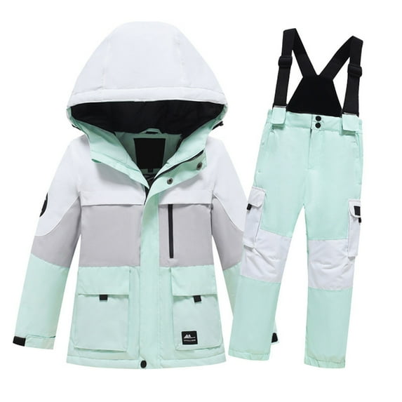 CONYUMN Kids Girls Boys Ski Suit Print Long Sleeve Thickened Velvet Warm Windproof and Water Proof Top and Pants Set 2 Outfits (Mint Green,130)