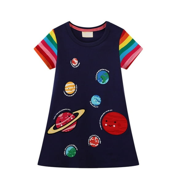 CONYUMN Tea Party Dresses for Girls Spring and Summer New Space Planet Pattern Girls' Dress Knitted Summer Children's Dress Girls formal Dress Dresses for Girls Girls Dresses Size 10-12 (Blue,6T)