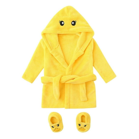 CONYUMN Toddler Bathrobes Kids Infant Baby Girls Boys Infant Soft Flannel Outfits Cartoon Duck Animal Robe Hooded Fleece Bathrobe +Footwear Set (Yellow,12M)
