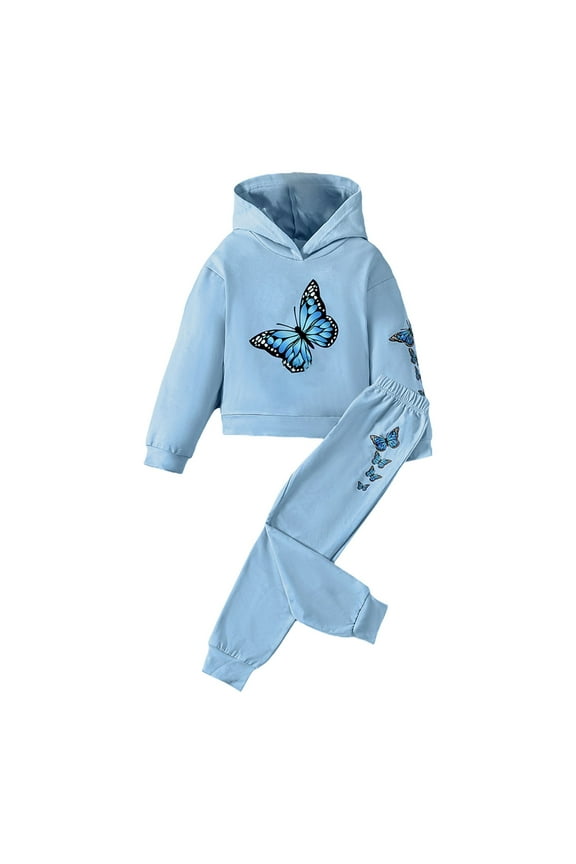 Toddler Girl Hoodie Outfits Butterfly Print Long Sleeve Hooded Sweatshirt Drawstring Hoodie Sweatpant Long Pants Fall Elasticated Waist Outfits Set (Blue,110)