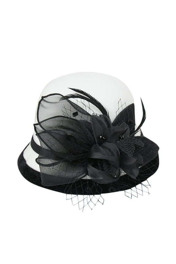 Vintage Felt Cloche Hat Women Winter Floral Fedora Bucket Hat Bowler Hats Winter Wool Cloche Hat Warm Flower Decorated Party Top Hat (White,One Size)