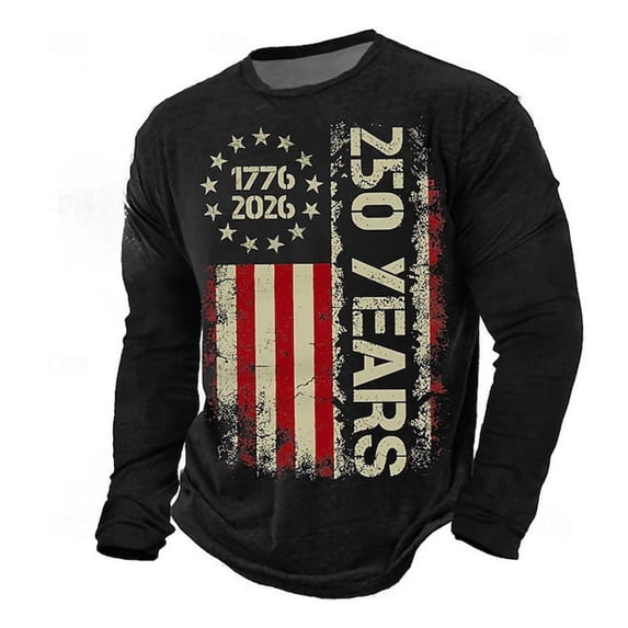 CONZONE 250 Anniversary Usa T Shirt For Men Independence Day Patriotic Print Crew Neck Long Sleeve Breathable Soft Tops Black Size L