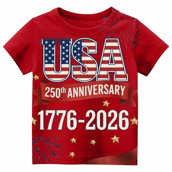 CONZONE 250 Anniversary Usa Tee Shirts For Toddler Boys Independence Day Letter Print Crew Neck Short Sleeved Comfortable Tops Red Size 3-4 Years