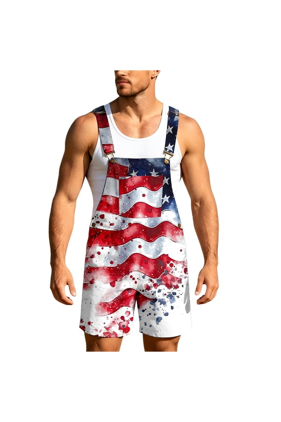 4Th Of July Bib Overalls for Men Patriotic Usa Star Striped Graphic Independence Day Jumpsuits Adjustable Strap American 250Th Anniversary Short Romper With Pocket